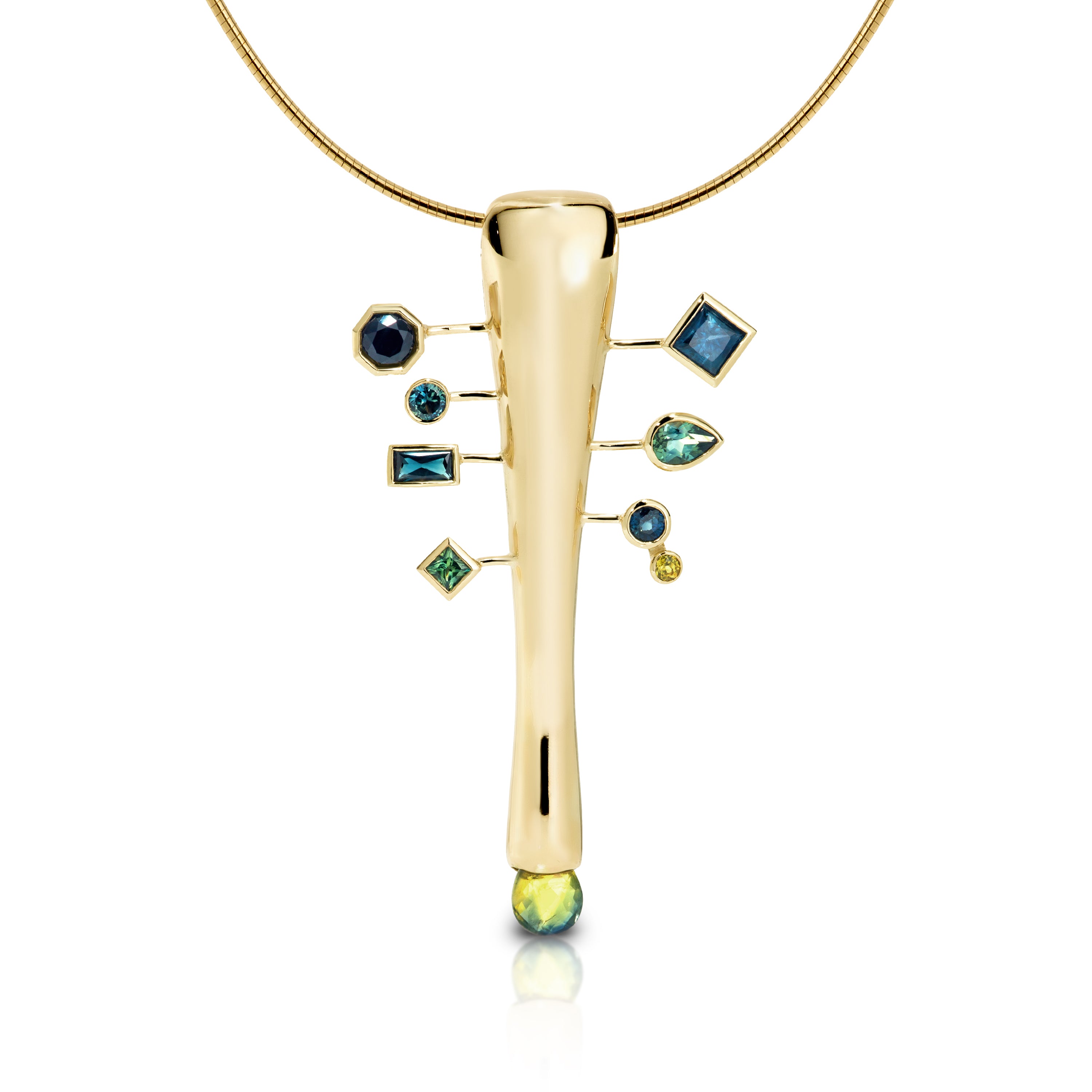 Hollow formed 9ct Yellow Gold vertical pendant with various shaped Sapphire protrusions